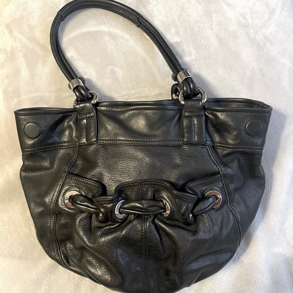 B Makowsky Large Soft Black Leather Shoulder Purse Bucket Bag